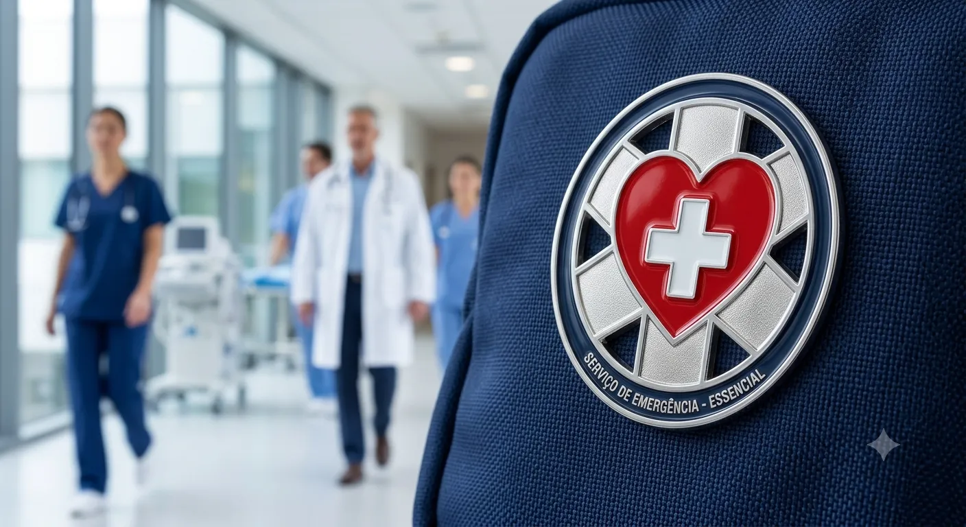 O emblema traz um coração vermelho centralizado com uma cruz médica branca em seu interior
