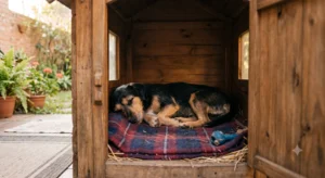 O tamanho ideal do abrigo permite que o cão se aqueça usando apenas o calor do próprio corpo.