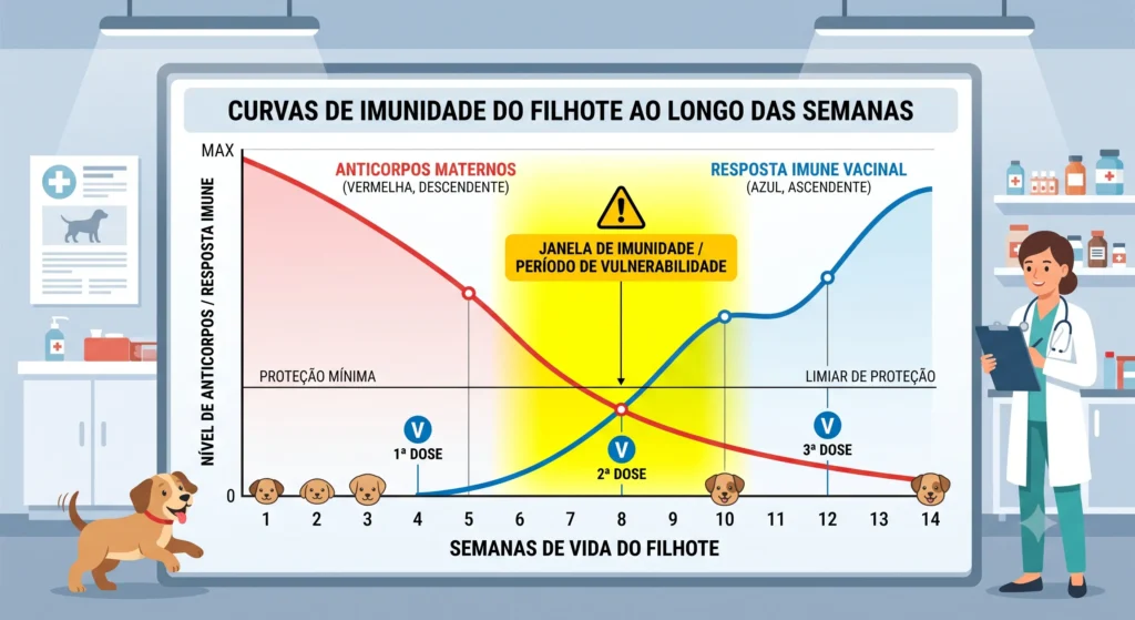 O gráfico ilustra a janela de imunidade: o momento crítico em que os anticorpos da mãe caem antes que a vacina atinja a proteção máxima.