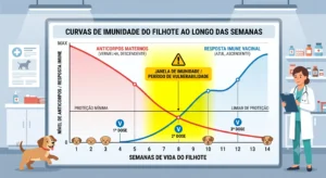 O gráfico ilustra a janela de imunidade: o momento crítico em que os anticorpos da mãe caem antes que a vacina atinja a proteção máxima.