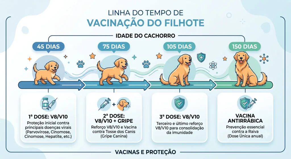 Cronograma básico de vacinação de filhotes: a disciplina nas datas garante a eficácia da imunização.
