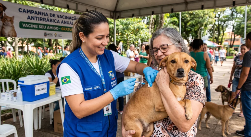 Aplicação de vacina gratuita para cachorro em posto da vigilância sanitária municipal.