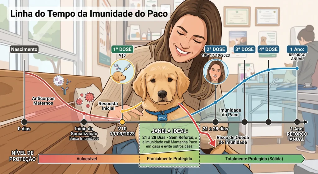 Linha do tempo explicativa reforçando quando dar a segunda dose da vacina para cachorro no intervalo recomendado.