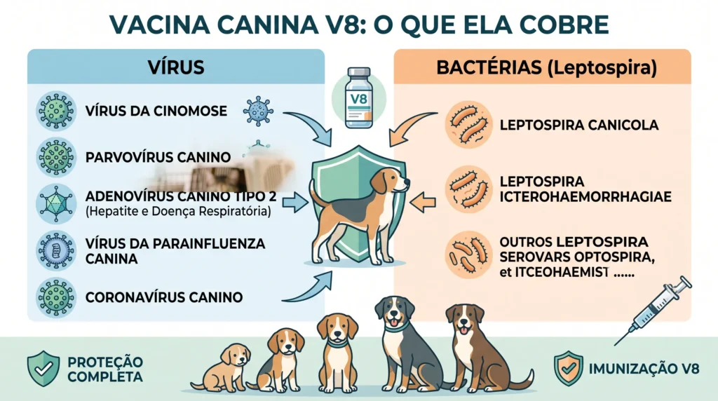 Tabela comparativa destacando os agentes combatidos pela vacina V8 para cachorro.
