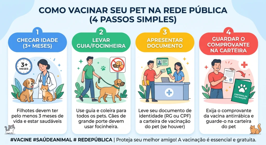 Infográfico com o passo a passo seguro para tomar a vacina gratuita para cachorro no posto público.