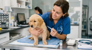 Aplicação da primeira dose da V8/V10 em filhote: entenda quais são as 3 primeiras vacinas para cachorro. 
