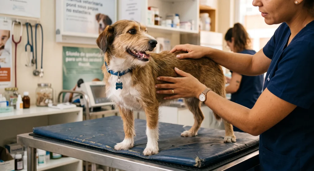 Avaliação clínica antes da aplicação da vacina nacional para cachorro.