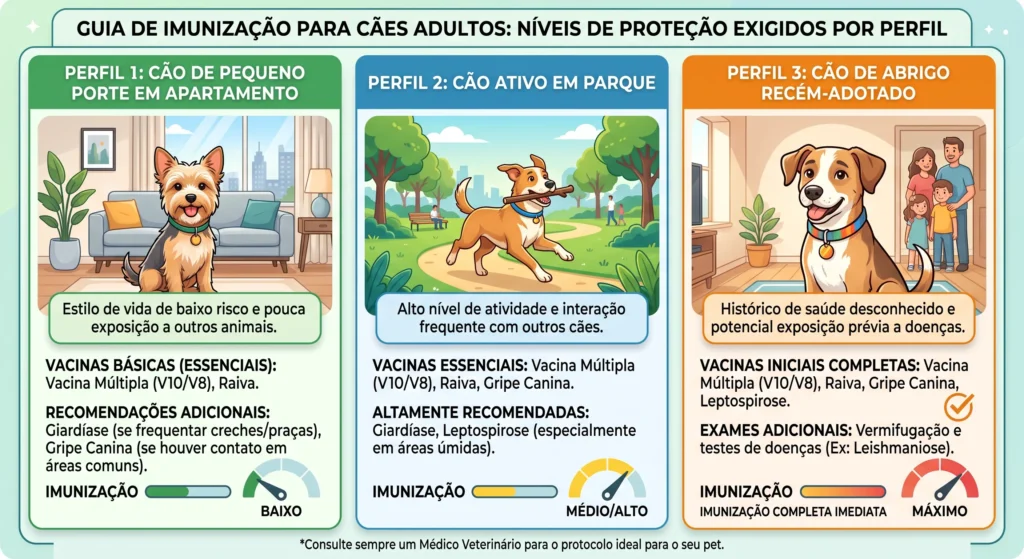 O protocolo na tabela de vacinas para cachorro adulto varia de acordo com o estilo de vida do animal.
